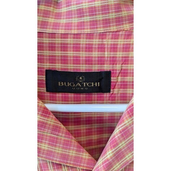 Bugatchi Uomo Shirt Men's Button Up Classic Fit Large Plaid Coral/Orange - Picture 3 of 7